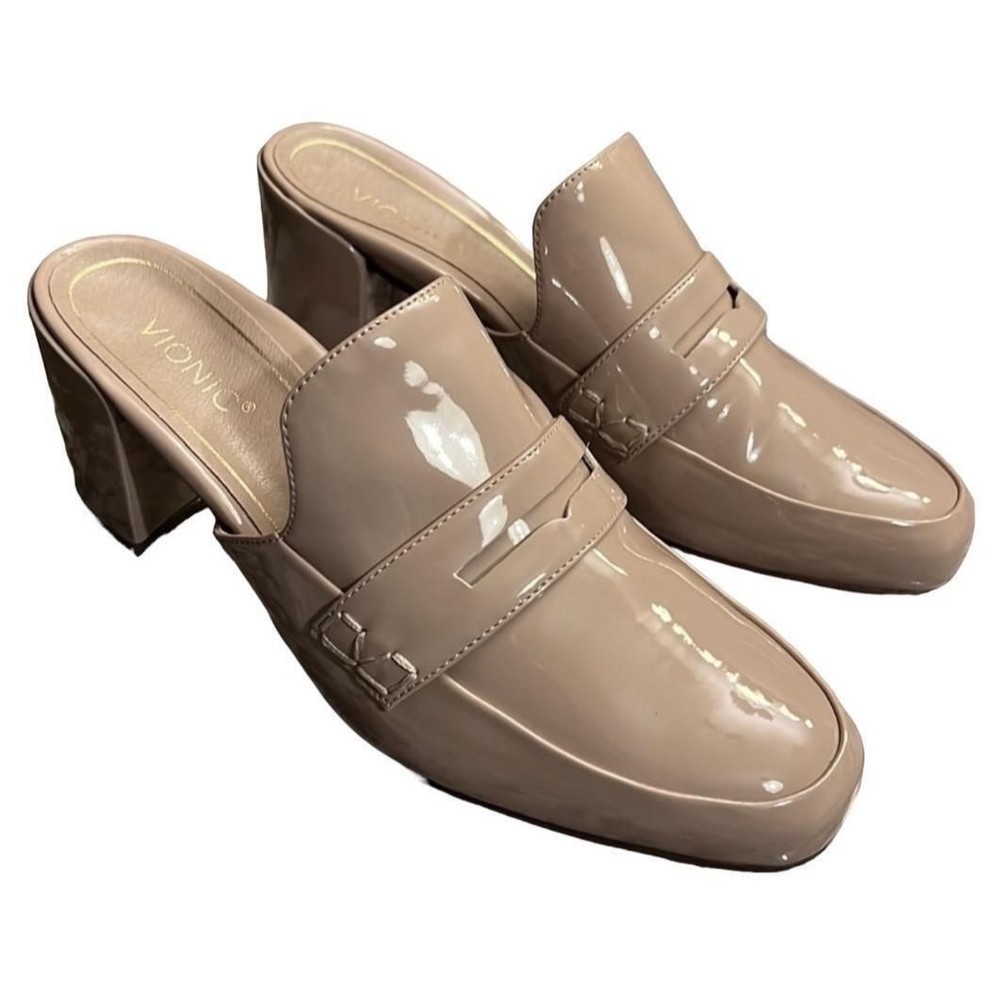 Vionic Plaza Annabel Women 9.0 Patent Leather Beige Mules Shoes Block Heel NEW